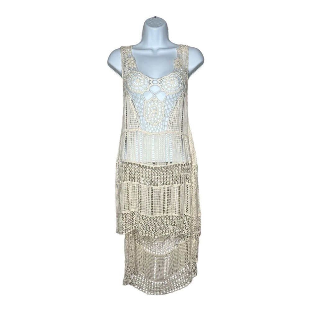 Dreamers Tunic Dress Womens M/L Crochet Knit Pullover Flowy Boho Festival Cotton